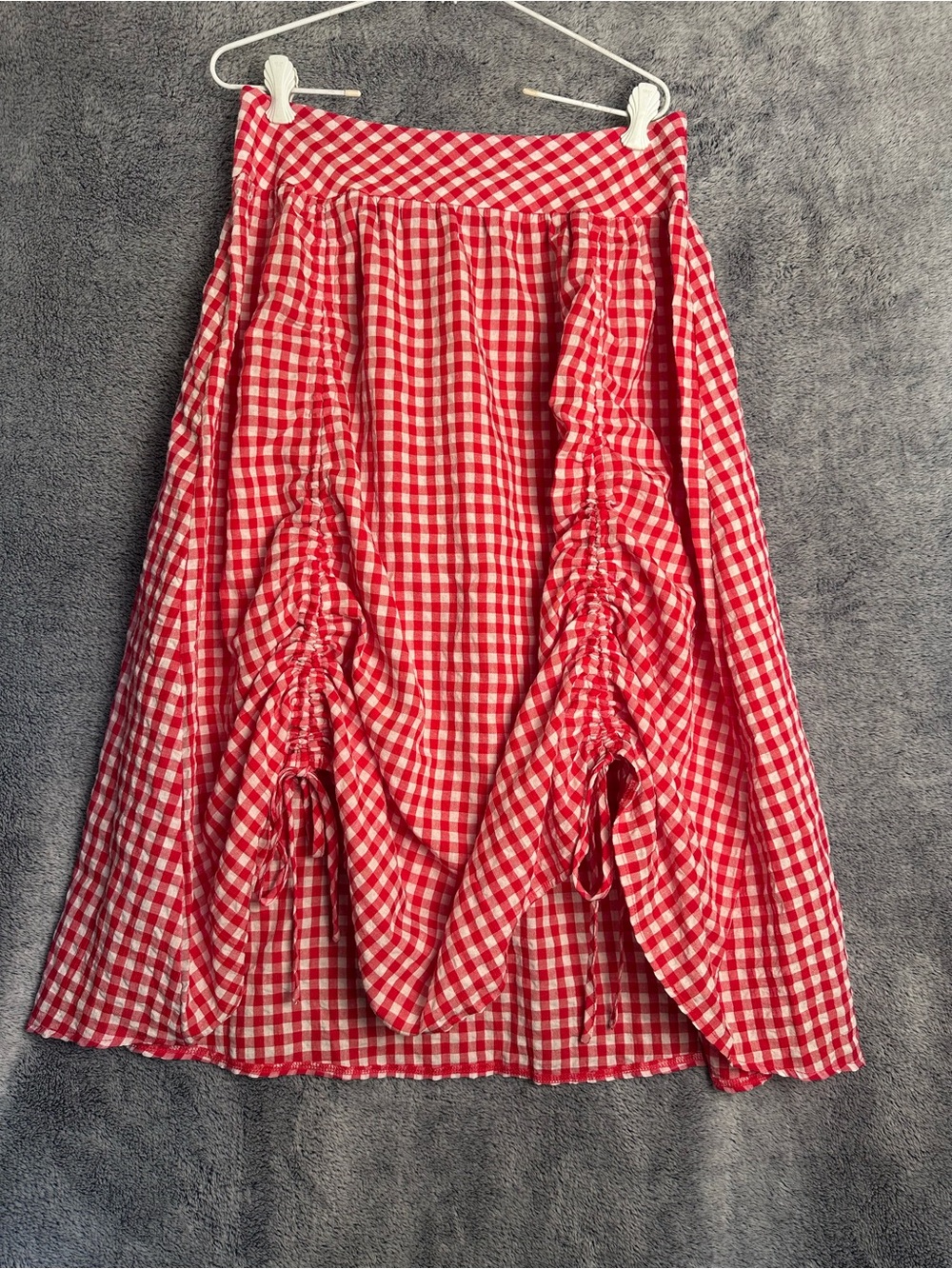 Source Unknown Red and White Gingham A-Line Midi Skirt with Ruched Drawstrings